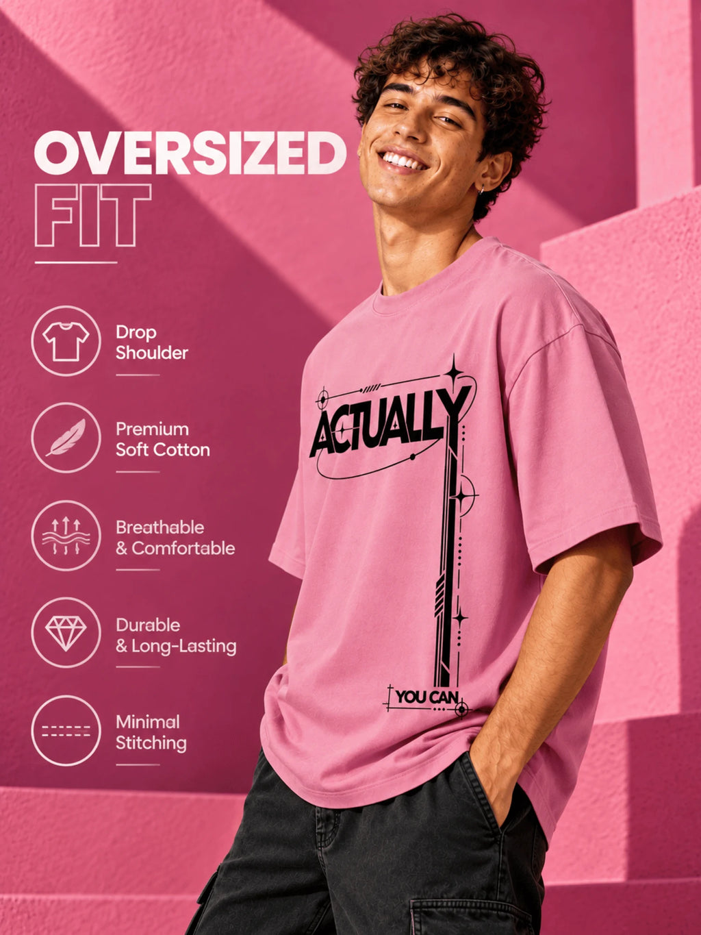 Excello Men's 'Actually You Can' Typography Oversized T-Shirt | Rose Pink