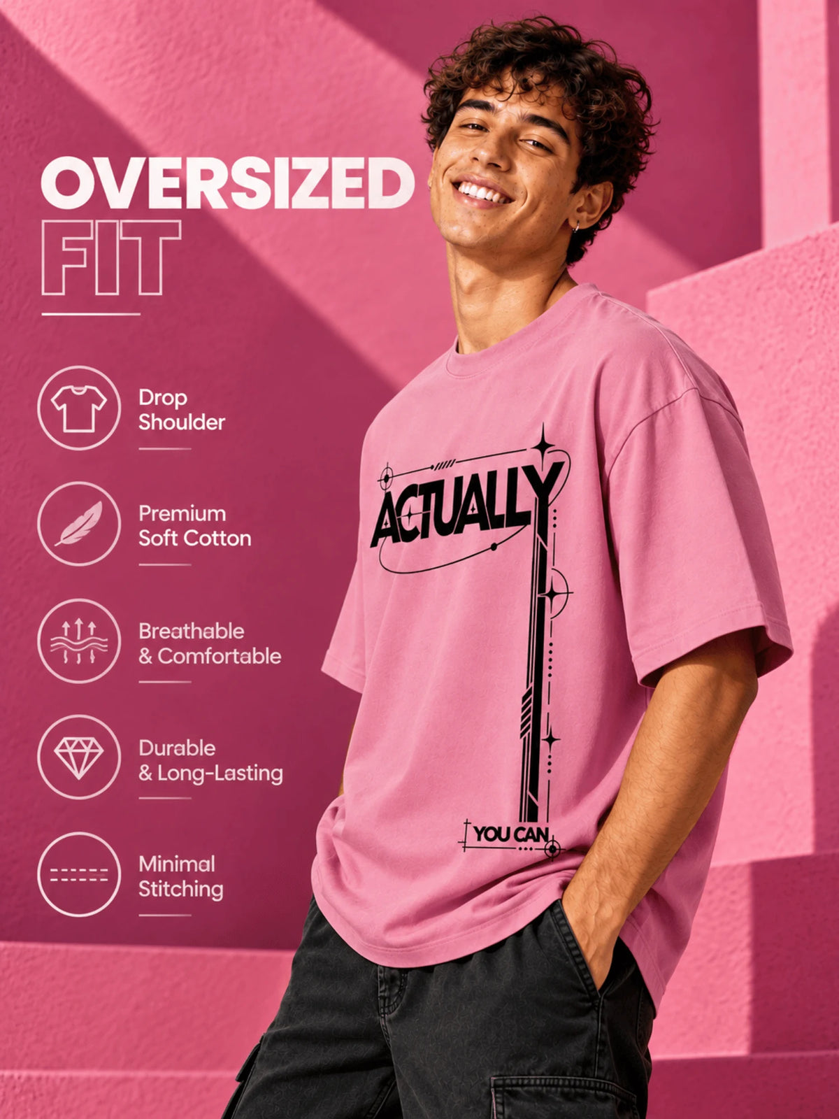 Excello Men's 'Actually You Can' Typography Oversized T-Shirt | Rose Pink