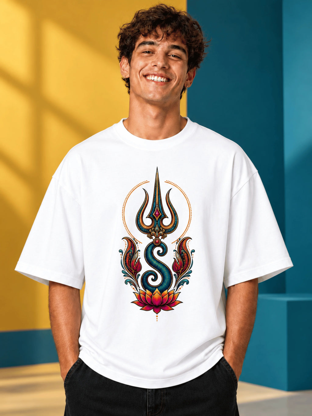 Excello Men's Divine Ganesha Trishul Graphic Oversized T-Shirt - 240 GSM Pure Cotton, Bio-Washed-White