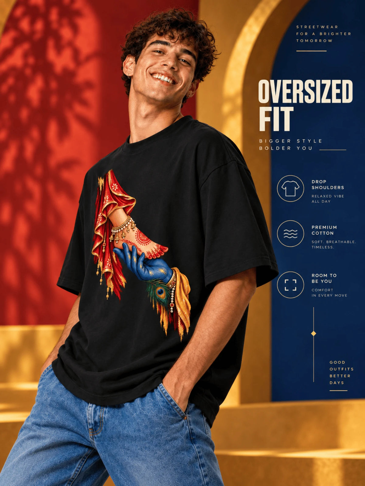 Excello Men's Divine Radha Krishna Love Graphic Oversized T-Shirt - 240 GSM | Black