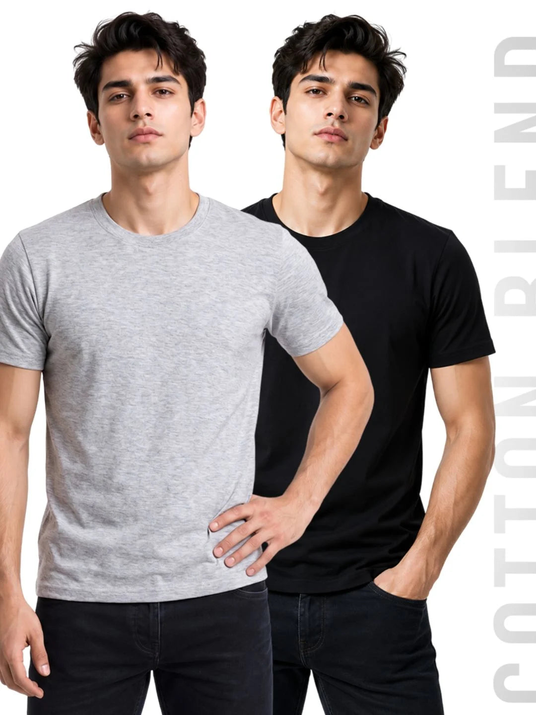 Excello Men's Cotton Blend Bio-Wash Plain  Regular Fit Round Neck T-Shirt  | Grey & Black