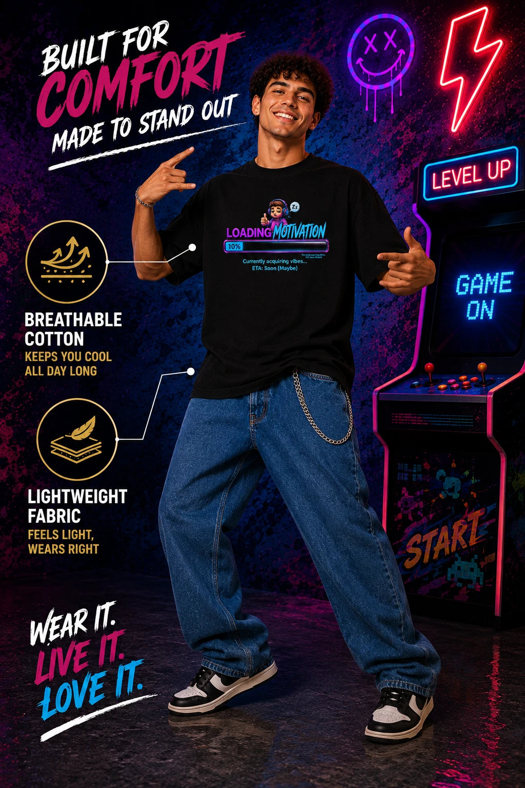 Excello Men's 'Loading Motivation' Gamer Graphic Oversized T-Shirt | Black