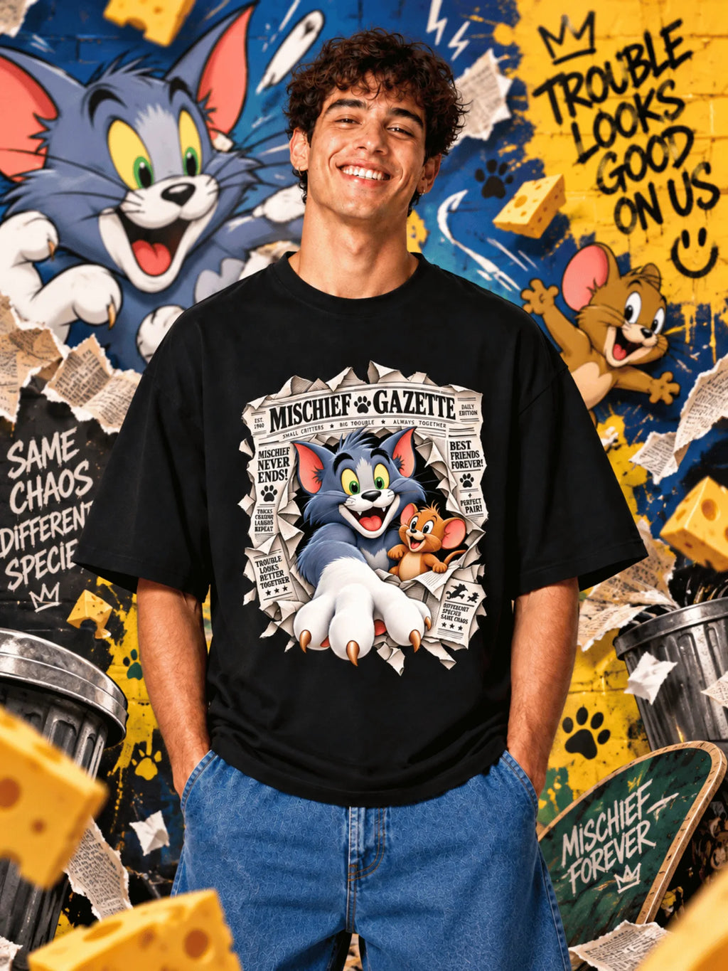 Excello Men's Mischief Gazette Graphic Oversized T-Shirt - Premium Cotton | Black
