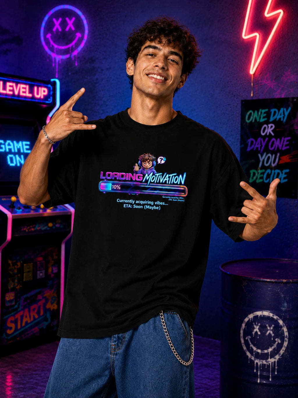 Excello Men's 'Loading Motivation' Gamer Graphic Oversized T-Shirt | Black