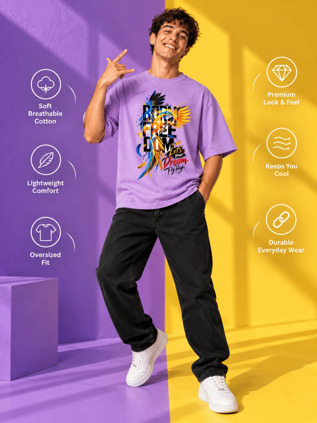 Excello Men's 'Born Freedom' Bird Graphic Oversized T-Shirt | Lavender