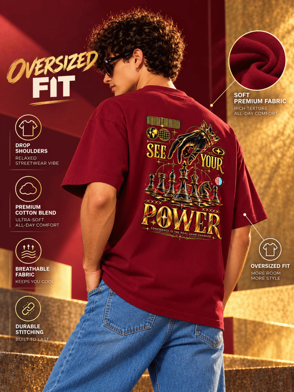 Excello Men's 'See Your Power' Chess Graphic Oversized T-Shirt | Maroon