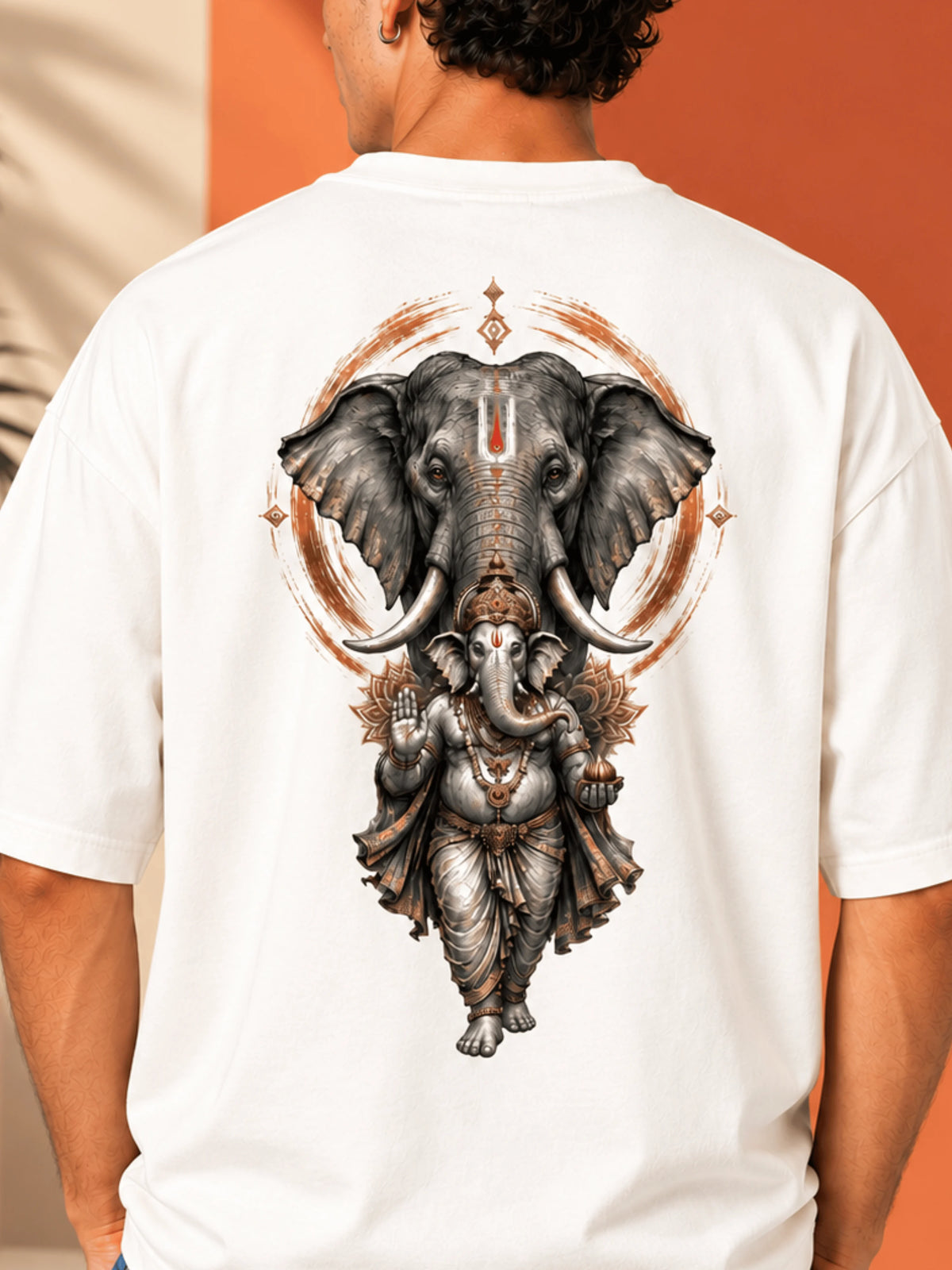 Excello Men's Majestic Elephant & Ganesha Graphic Oversized T-Shirt - 240 GSM Pure Cotton, Bio-Washed | Off White