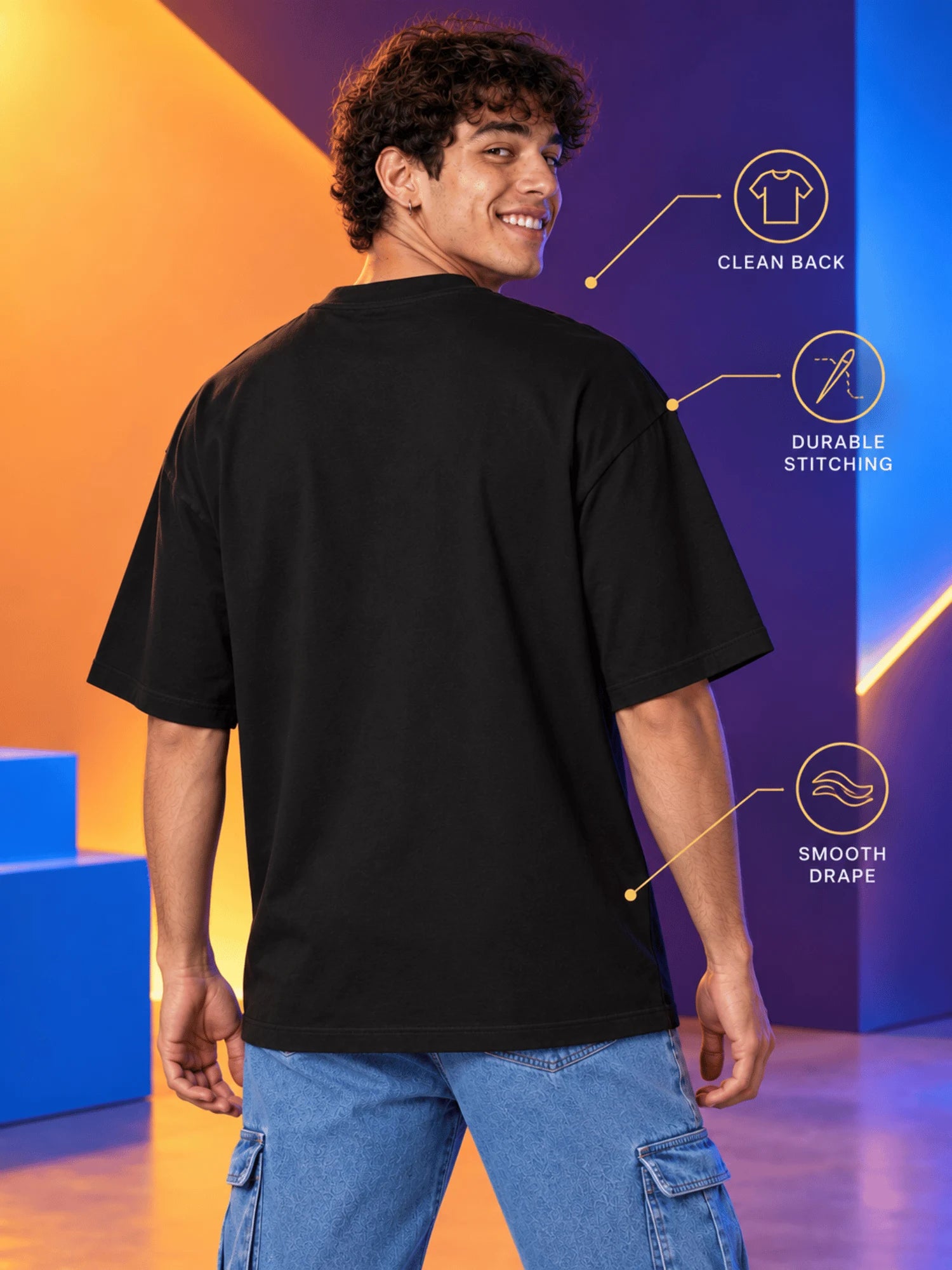Excello Men's Divine Ganesha Blessing Graphic Oversized T-Shirt - 240 GSM Pure Cotton, Bio-Washed-Black