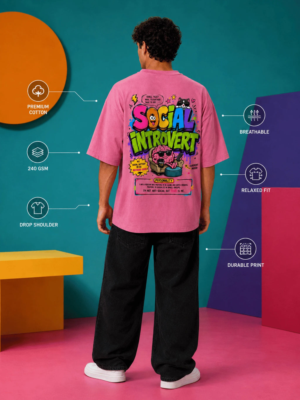 Excello Men's 'Social Introvert' Graphic Oversized T-Shirt | Rose Pink