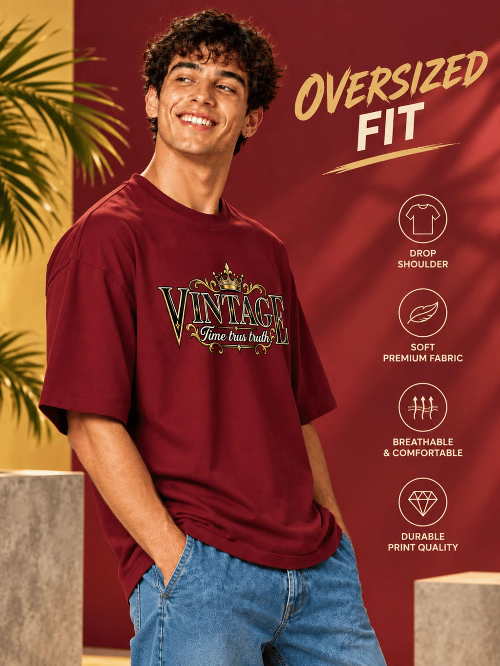 Excello Men's Vintage Crown Graphic Oversized T-Shirt | Maroon