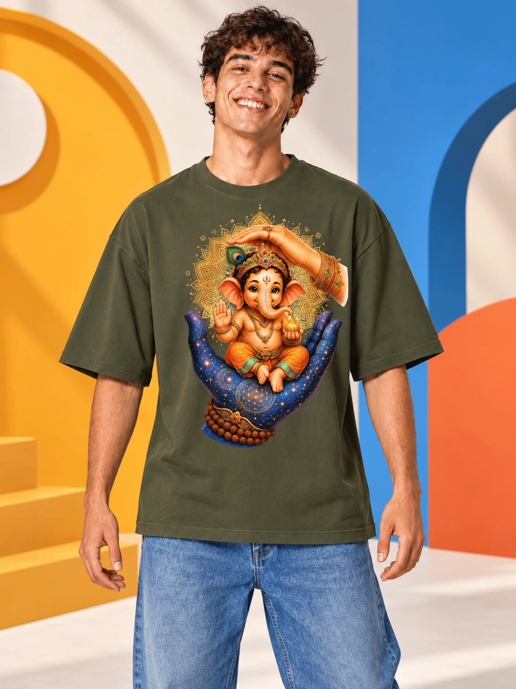 Excello Men's Divine Ganesha Blessing Graphic Oversized T-Shirt - 240 GSM Pure Cotton, Bio-Washed-Olive
