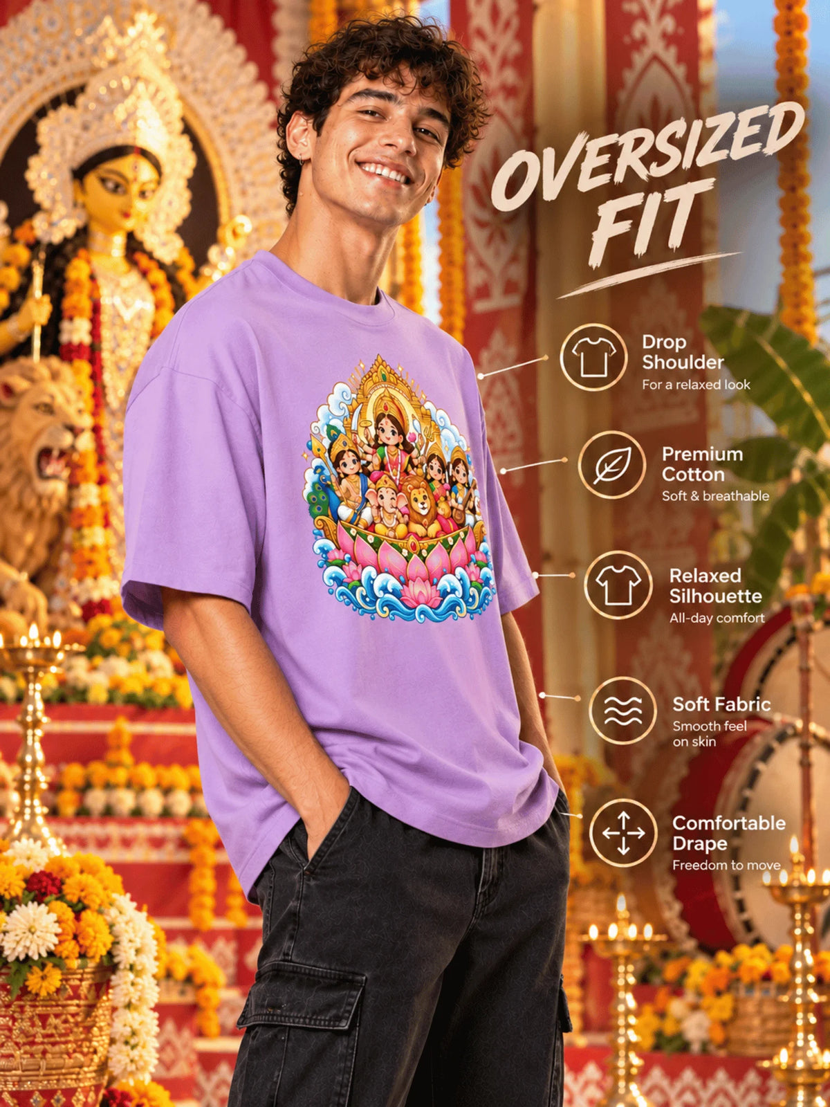 Excello Men's Divine Durga Family Graphic Oversized T-Shirt | Lavender