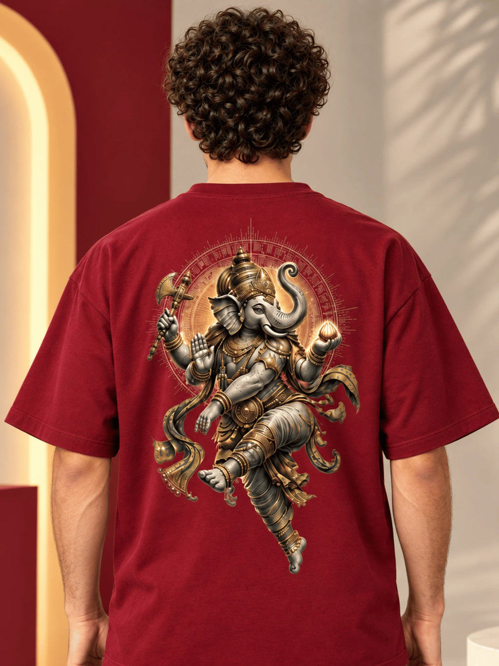 Excello Men's Dynamic Dancing Ganesha Graphic Oversized T-Shirt - 240 GSM Pure Cotton, Bio-Washed | Maroon