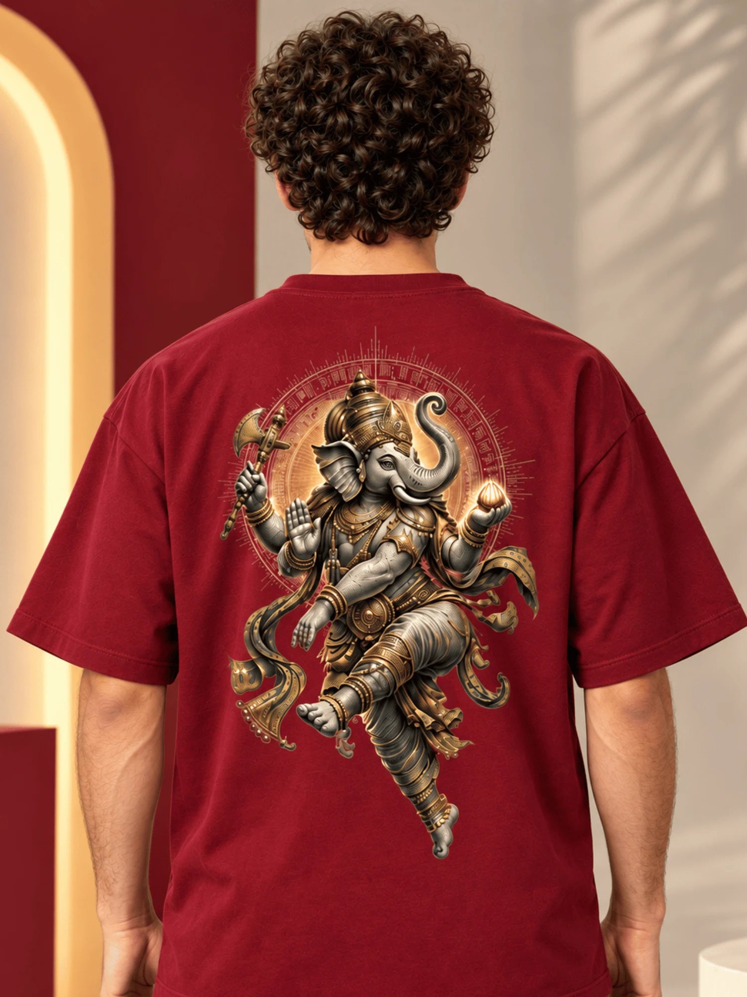 Excello Men's Dynamic Dancing Ganesha Graphic Oversized T-Shirt - 240 GSM Pure Cotton, Bio-Washed | Maroon