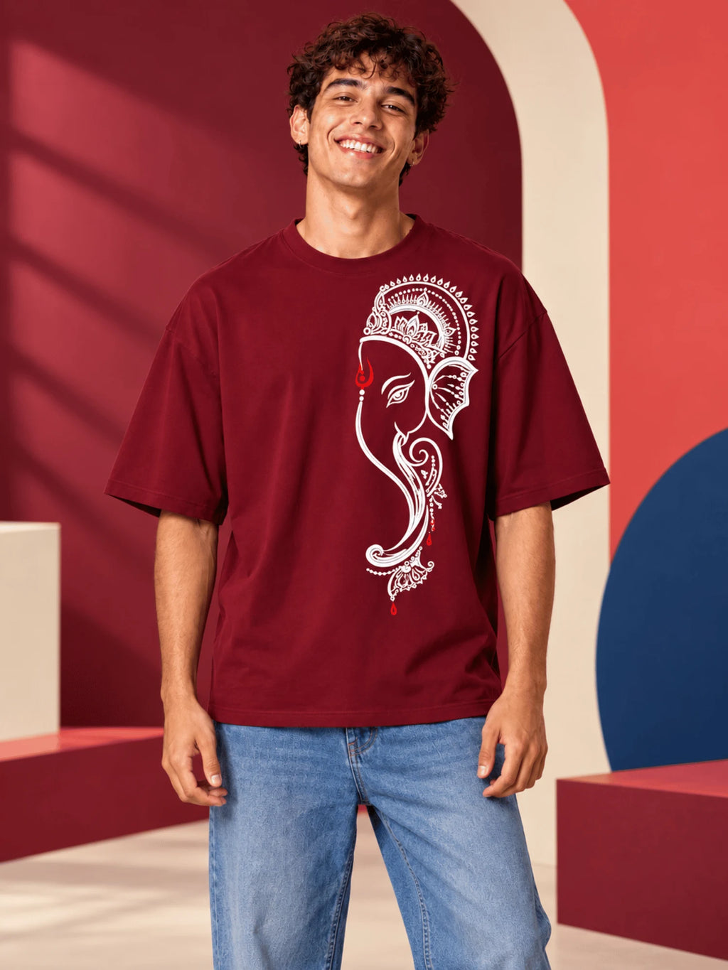 Excello Men's Minimalist Ganesha Line Art Graphic Oversized T-Shirt - 240 GSM Pure Cotton, Bio-Washed-Maroon