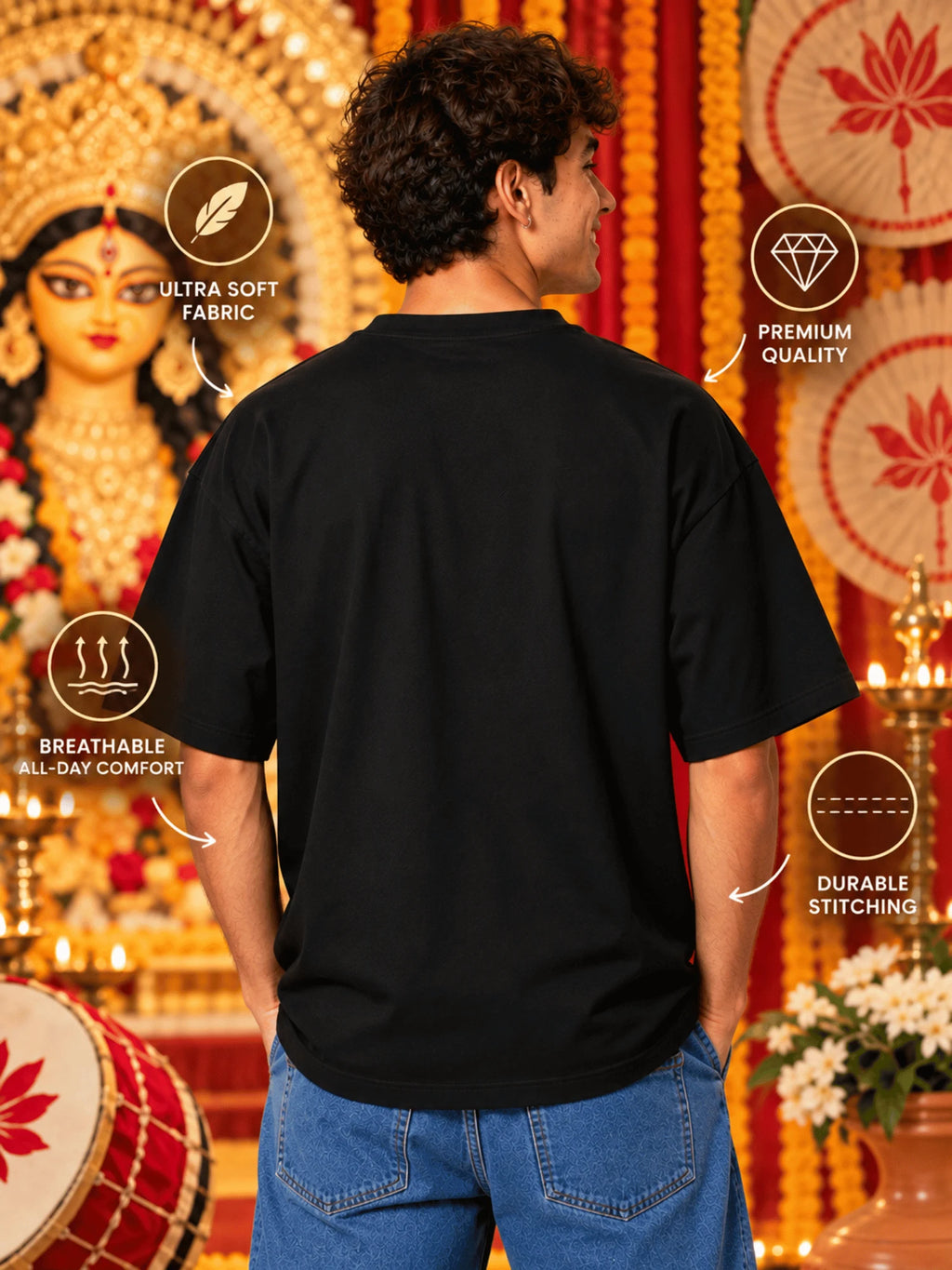 Excello Men's Divine Maa Durga Portrait Graphic Oversized T-Shirt | Black