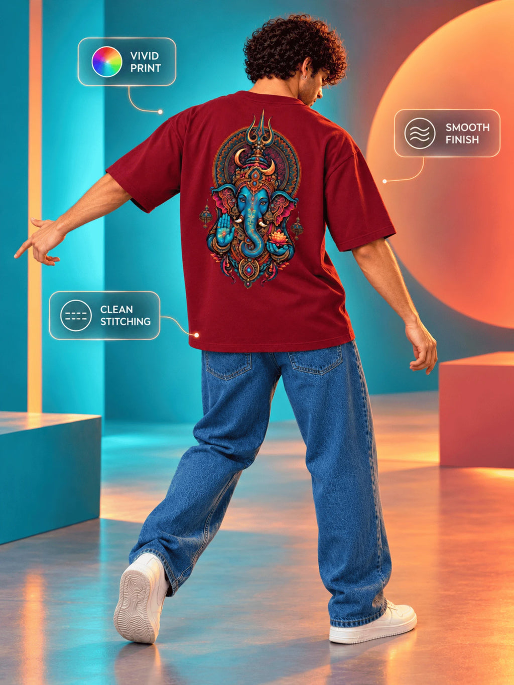 Excello Men's Divine Ganesha Trishul Graphic Oversized T-Shirt - 240 GSM Pure Cotton, Bio-Washed-Maroon