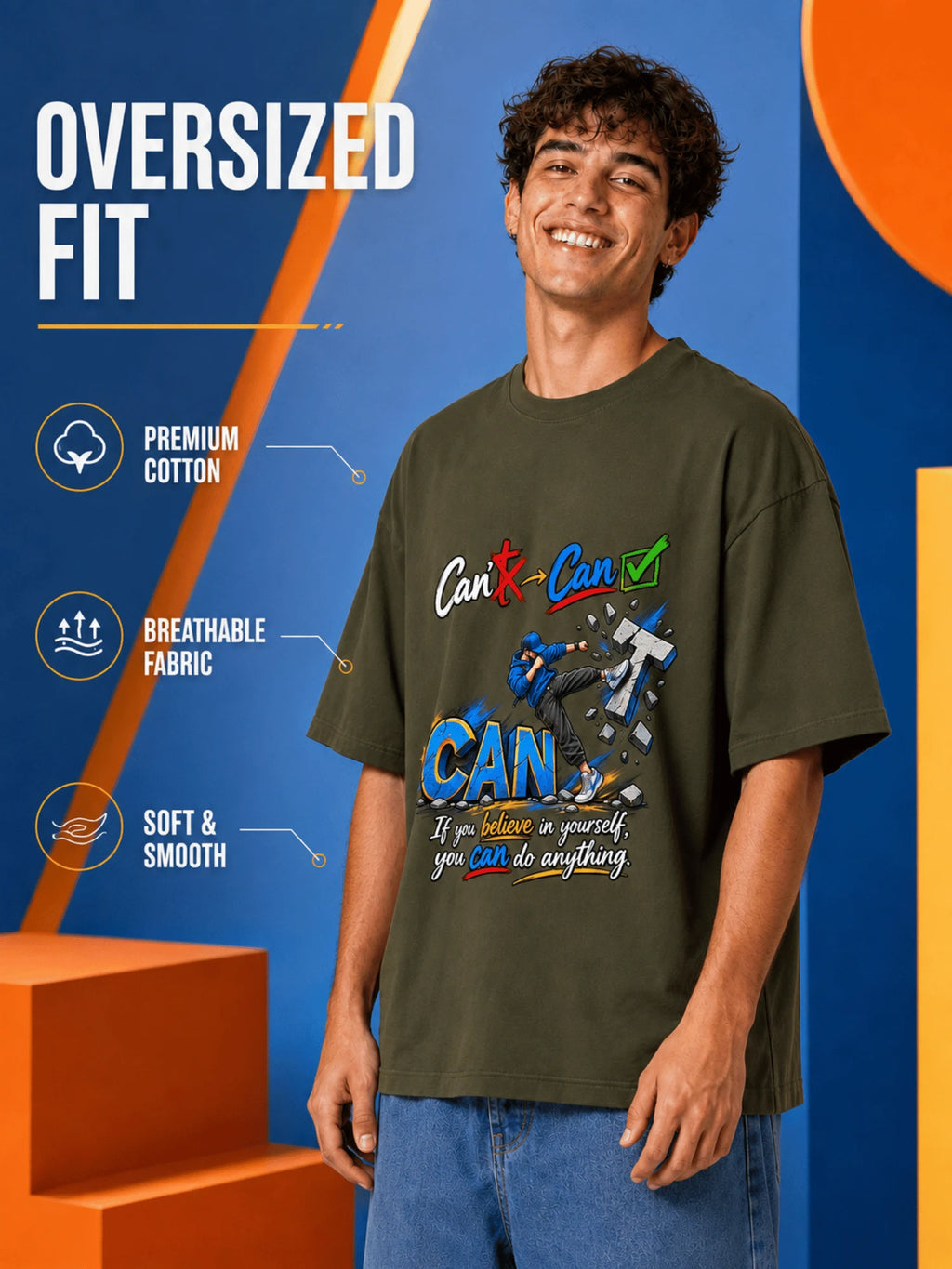 Excello Men's 'Believe You Can' Motivational Graphic Oversized T-Shirt - Premium Cotton | Olive
