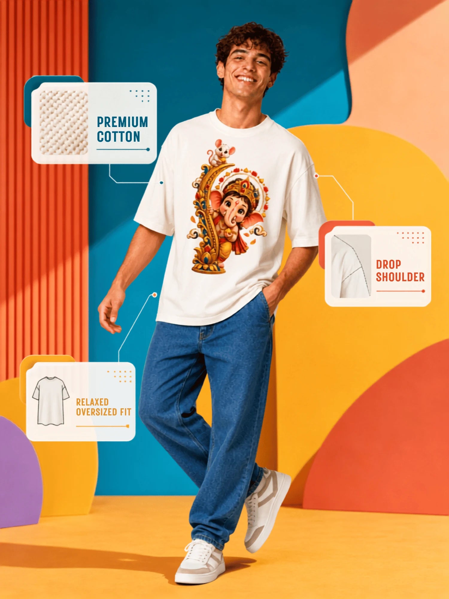 Excello Men's Playful Bal Ganesha & Mushak Graphic Oversized T-Shirt - 240 GSM Pure Cotton, Bio-Washed-White