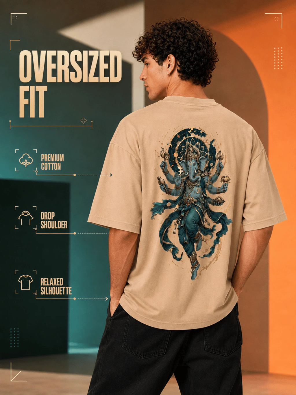 Excello Men's Divine Ganesha Graphic Oversized T-Shirt - 240 GSM Pure Cotton, Bio-Washed-Beige