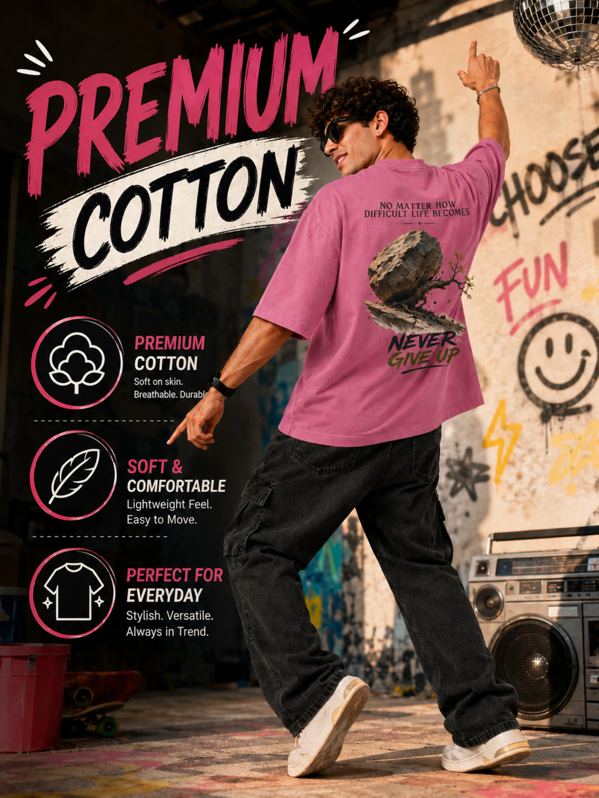 Excello Men's 'Never Give Up' Resilience Graphic Oversized T-Shirt | Rose Pink