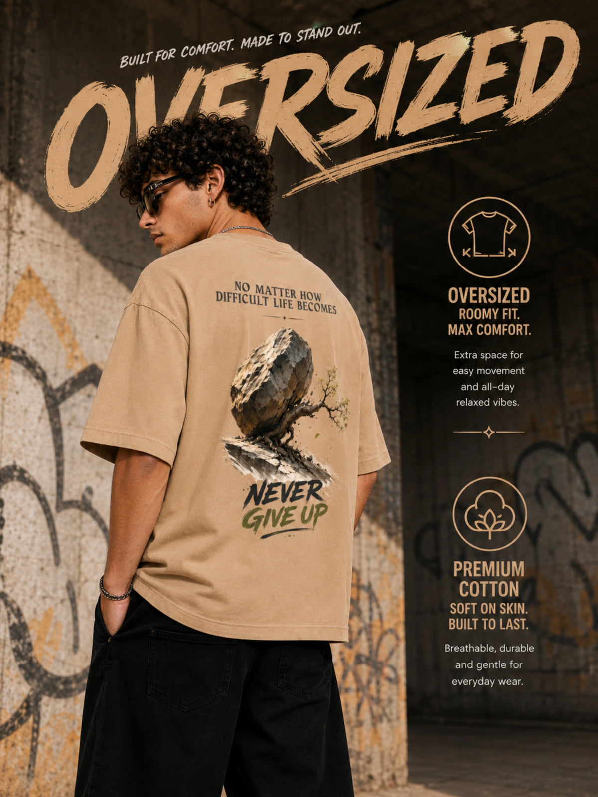 Excello Men's 'Never Give Up' Resilience Graphic Oversized T-Shirt | Beige