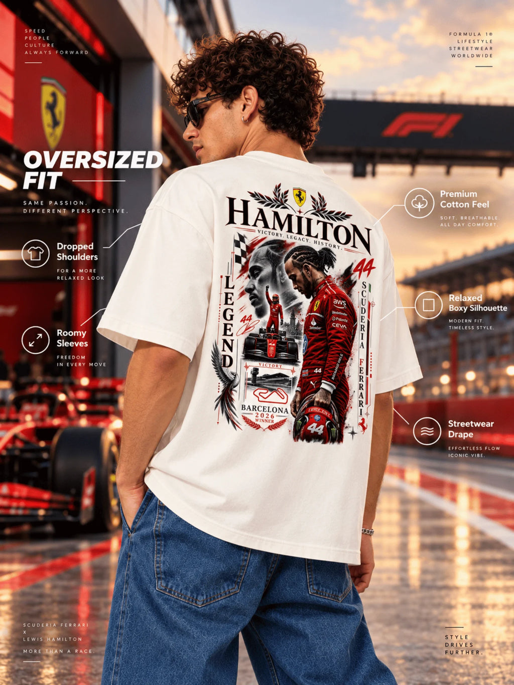 Excello Men's Hamilton Legend Racing Graphic Oversized T-Shirt | Off White