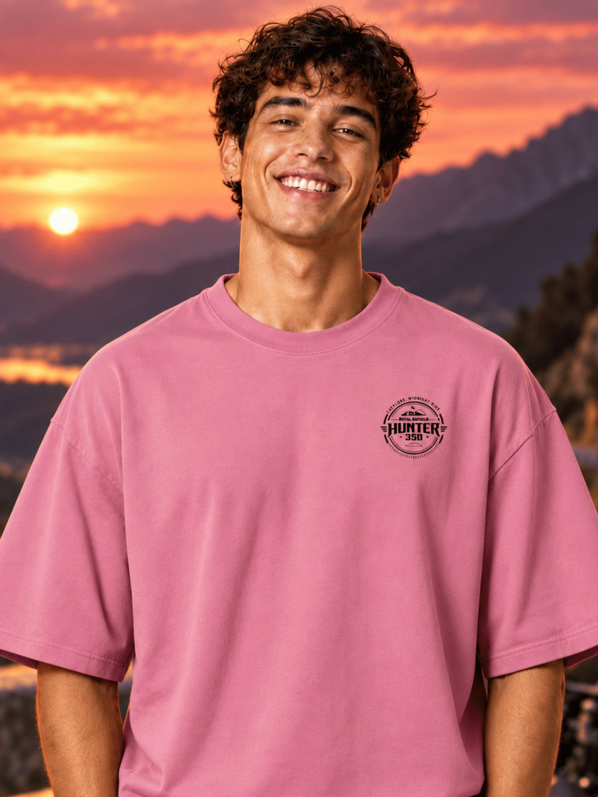 Excello Men's 'Midnight Riot 92' Motorcycle Graphic Oversized T-Shirt | Rose Pink