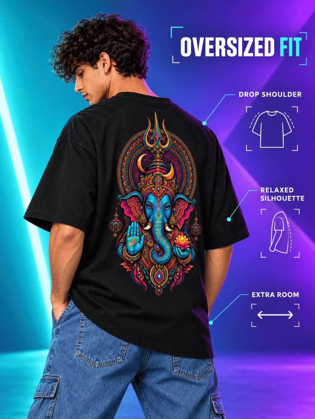 Excello Men's Divine Ganesha Trishul Graphic Oversized T-Shirt - 240 GSM Pure Cotton, Bio-Washed-Black