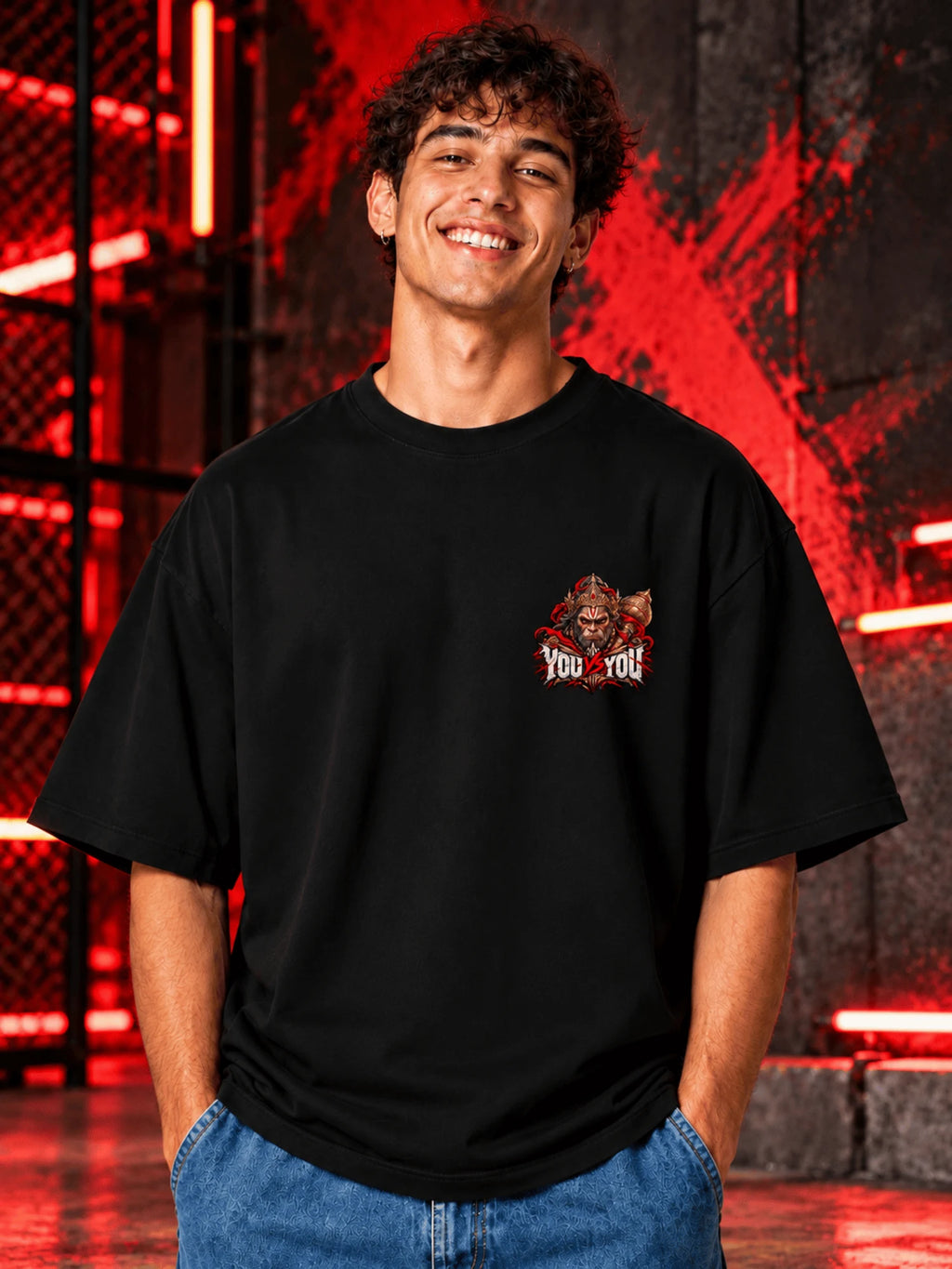 Excello Men's 'You vs You' Hanuman Graphic Oversized T-Shirt | Black