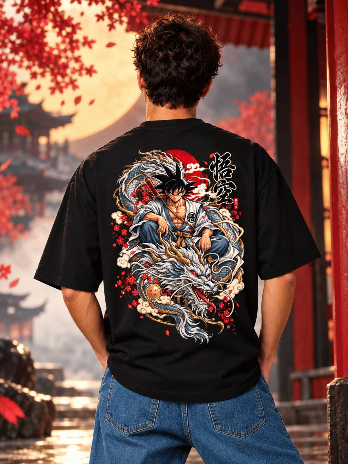 Excello Men's  Anime Dragon Graphic Oversized T-Shirt | Black