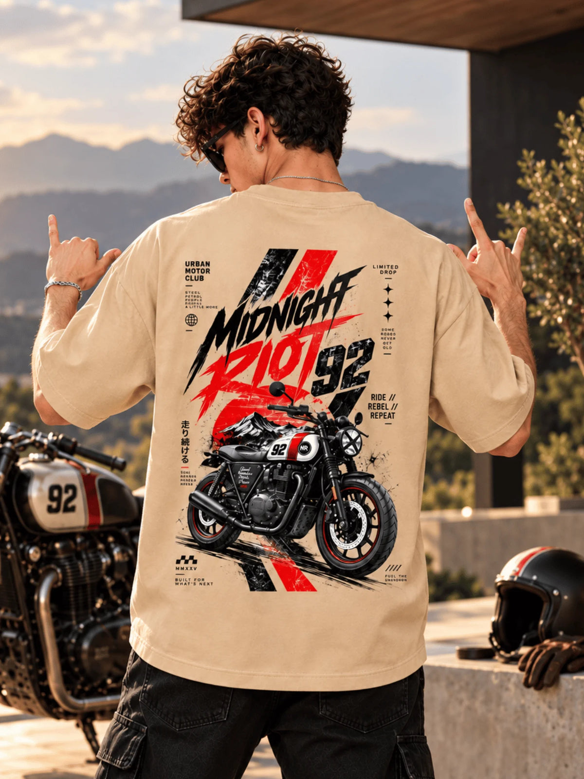 Excello Men's 'Midnight Riot 92' Motorcycle Graphic Oversized T-Shirt | Beige