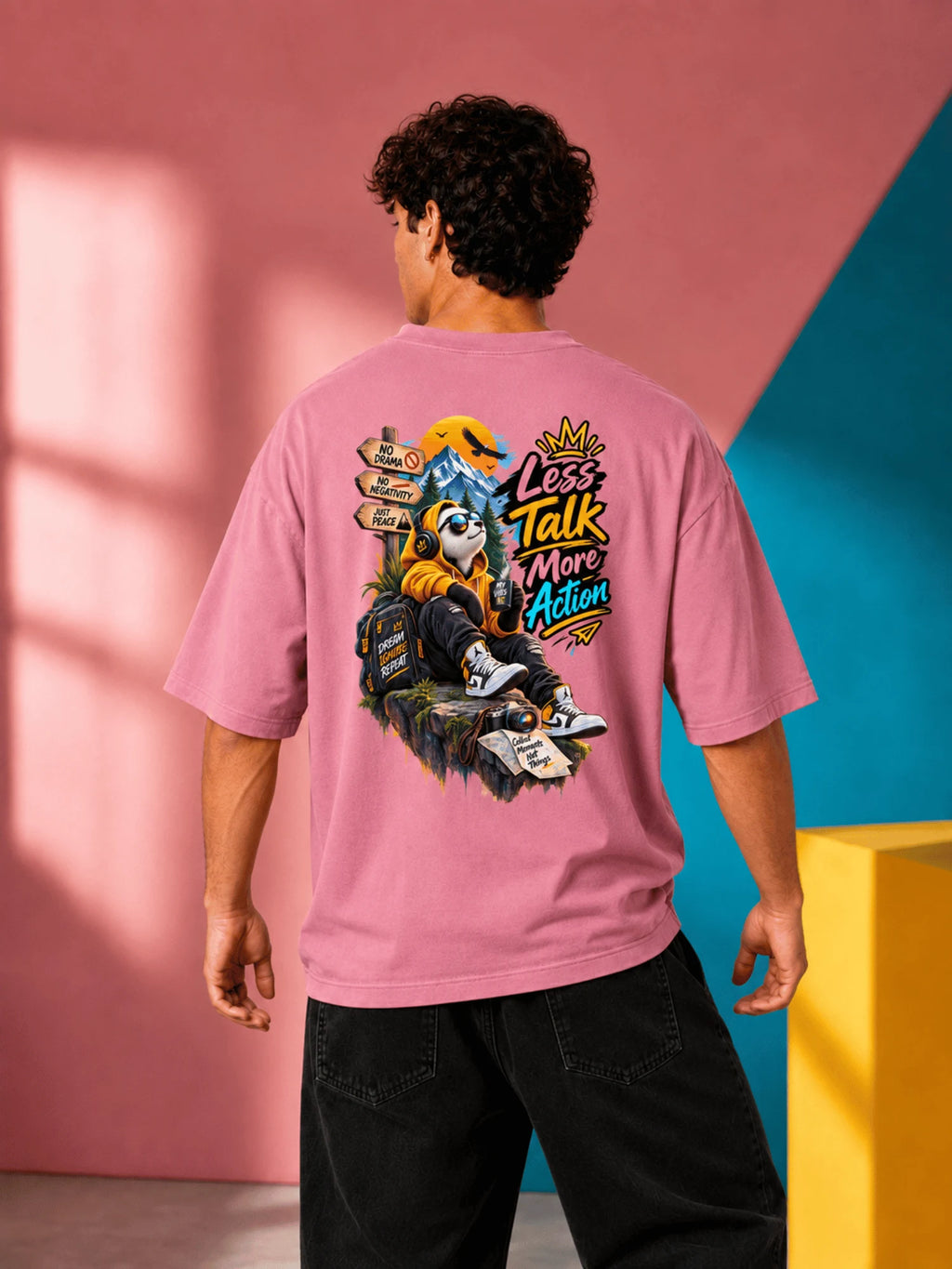 Excello Men's 'Less Talk More Action' Panda Graphic Oversized T-Shirt | Rose Pink