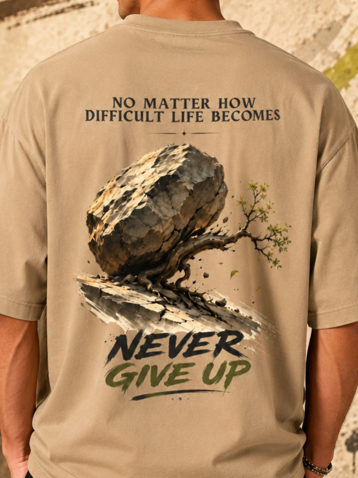 Excello Men's 'Never Give Up' Resilience Graphic Oversized T-Shirt | Beige