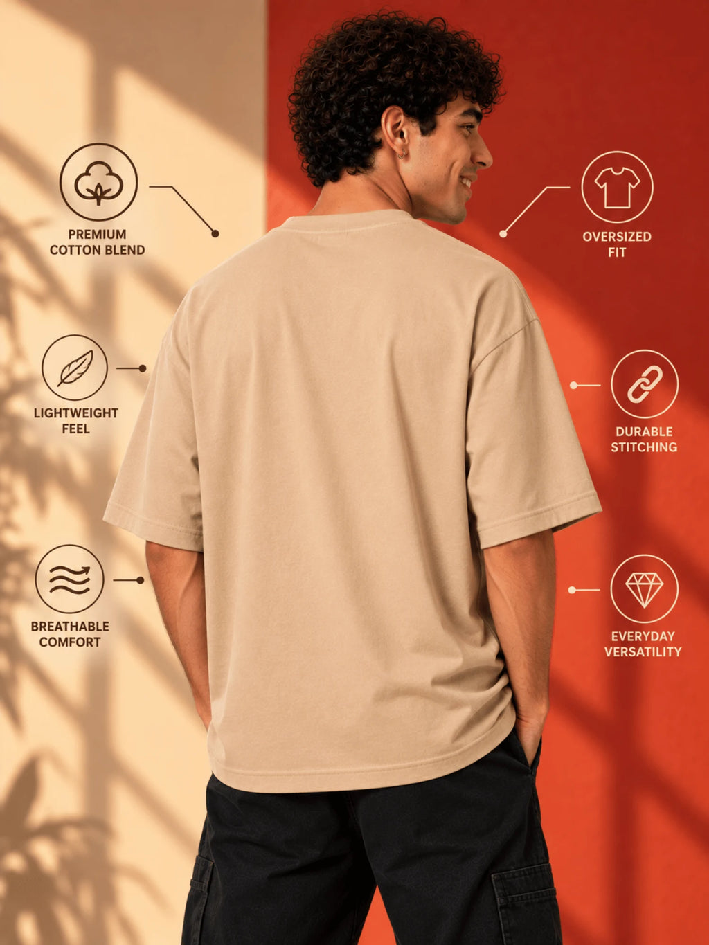 Excello Men's 'Balance' Brain & Heart Graphic Oversized T-Shirt | Beige