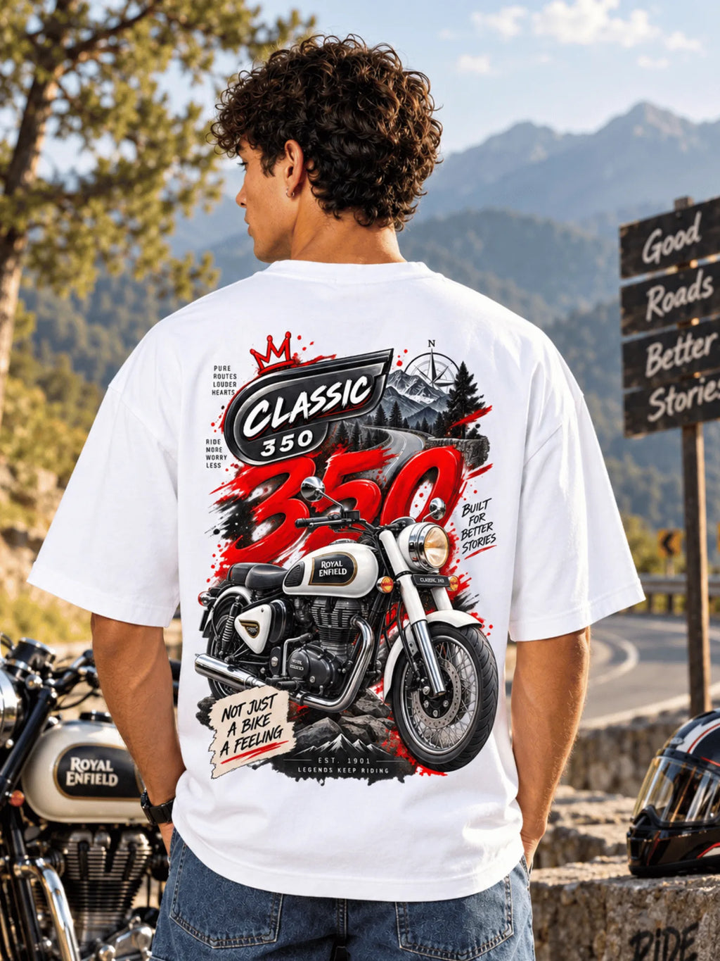 Excello Men's Royal Enfield Classic 350 Graphic Oversized T-Shirt | White