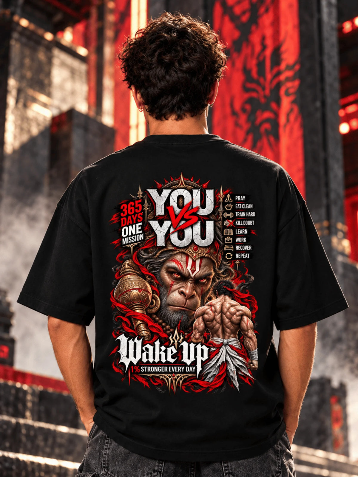 Excello Men's 'You vs You' Hanuman Graphic Oversized T-Shirt | Black