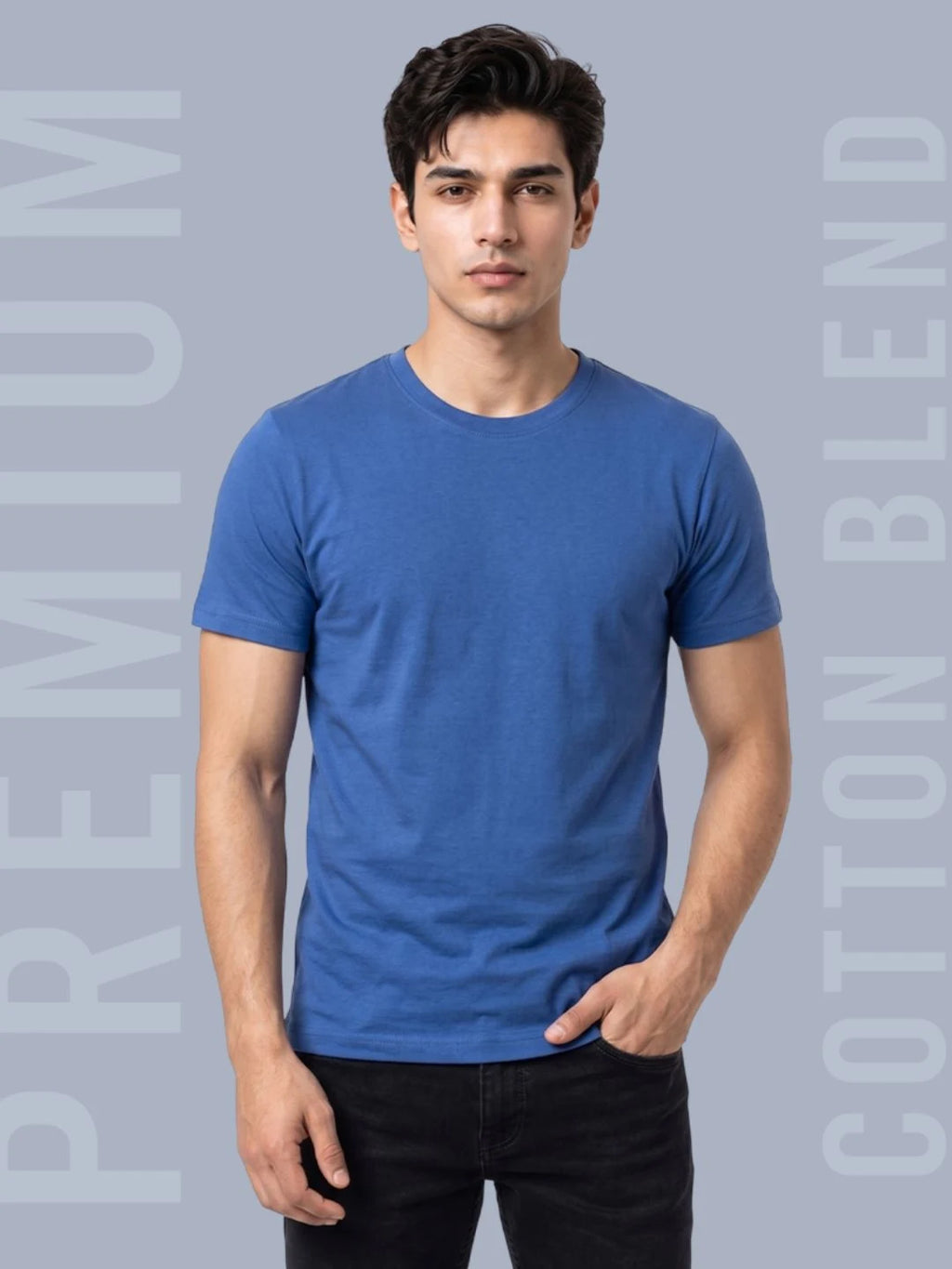 Excello Men's Cotton Blend Bio-Wash Plain  Regular Fit Round Neck T-Shirt  | Grey & Royal
