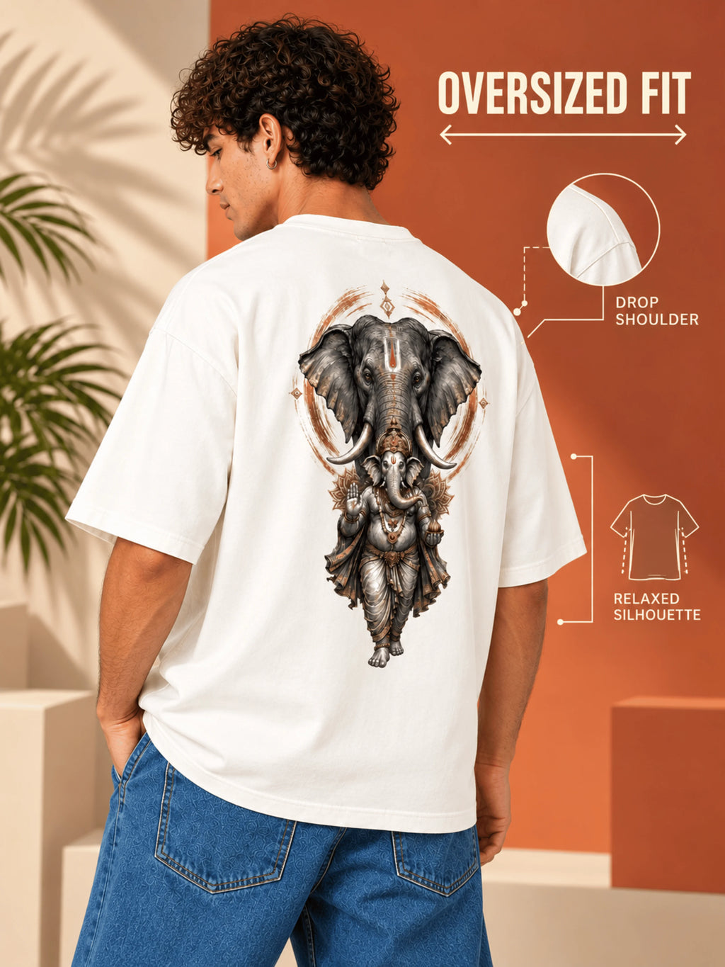 Excello Men's Majestic Elephant & Ganesha Graphic Oversized T-Shirt - 240 GSM Pure Cotton, Bio-Washed | Off White