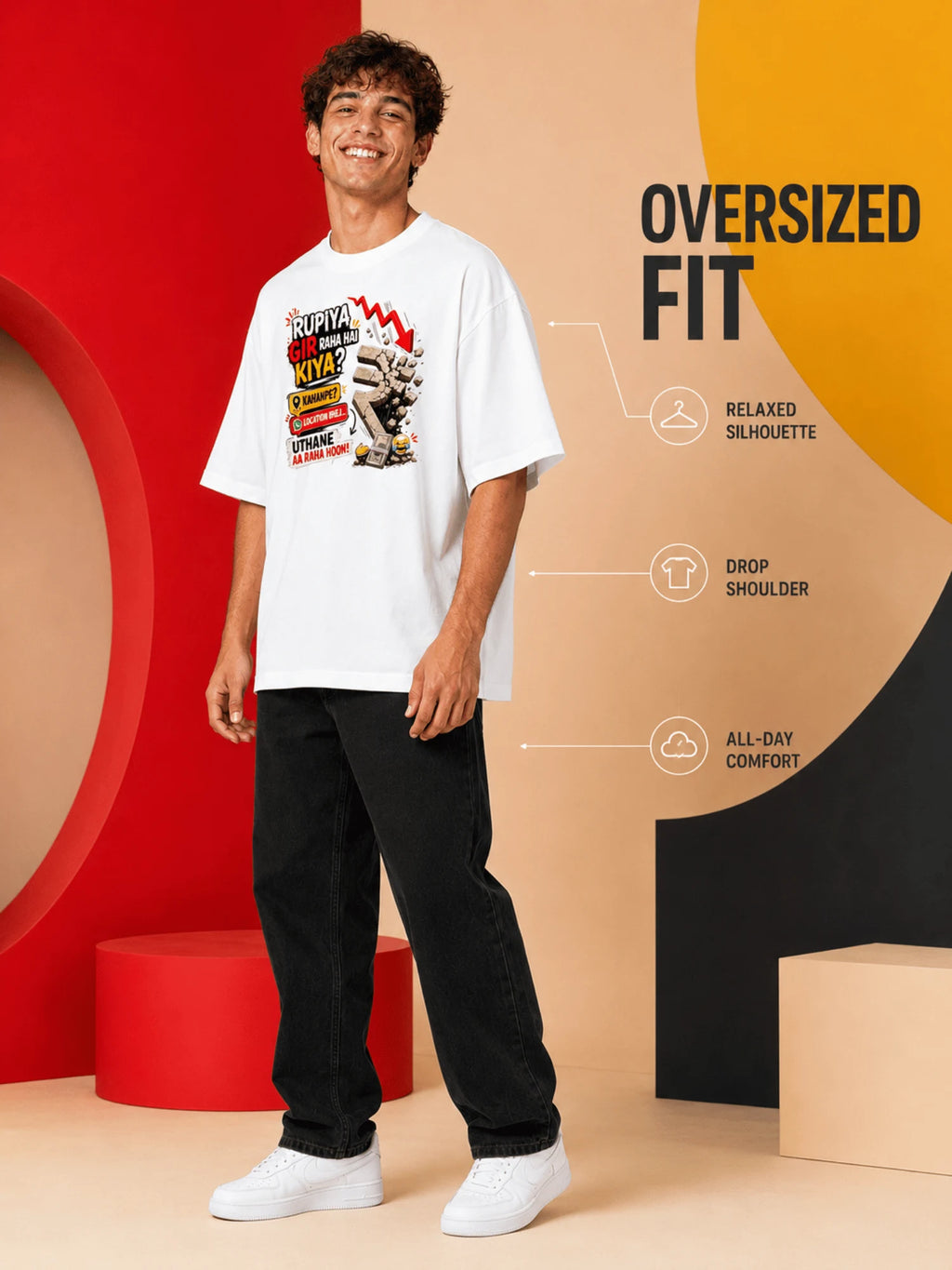 Excello Men's 'Rupiya Gir Raha Hai' Humorous Graphic Oversized T-Shirt| White