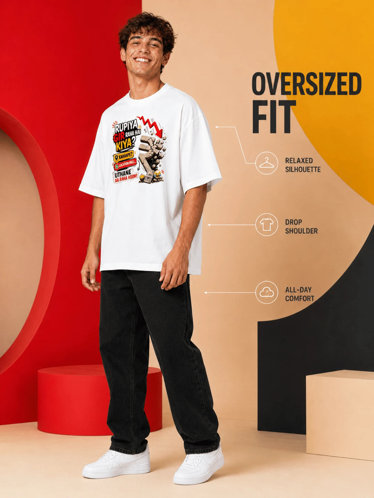 Excello Men's 'Rupiya Gir Raha Hai' Humorous Graphic Oversized T-Shirt| White