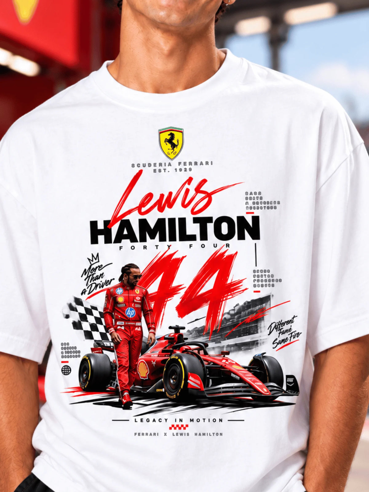 Excello Men's Lewis Hamilton 44 Scuderia Ferrari Graphic Oversized T-Shirt | White