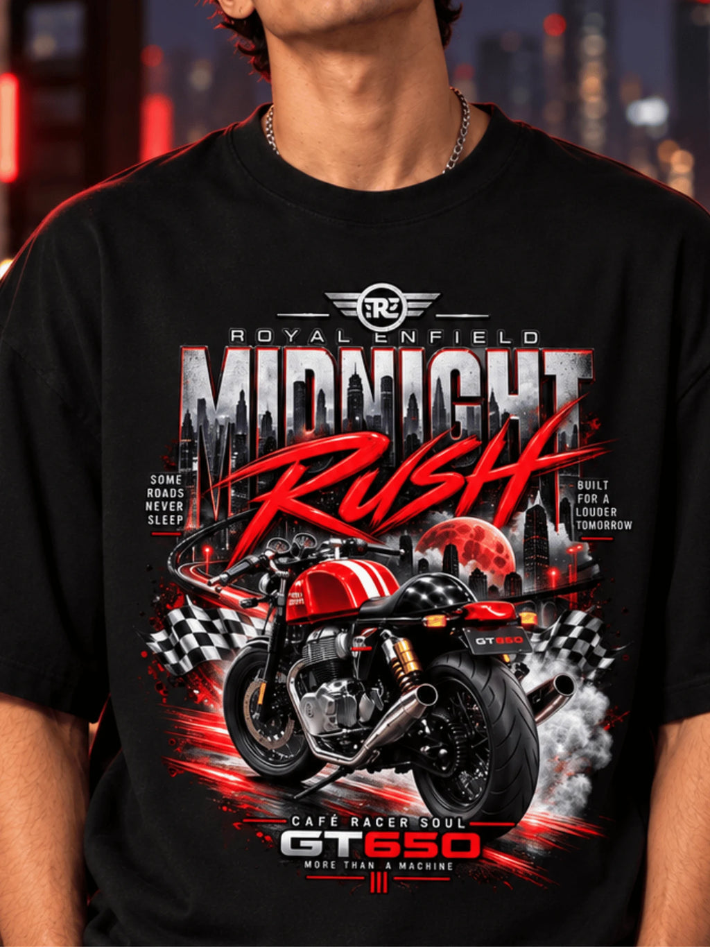 Excello Men's Royal Enfield GT 650 'Midnight Rush' Graphic Oversized T-Shirt | Black