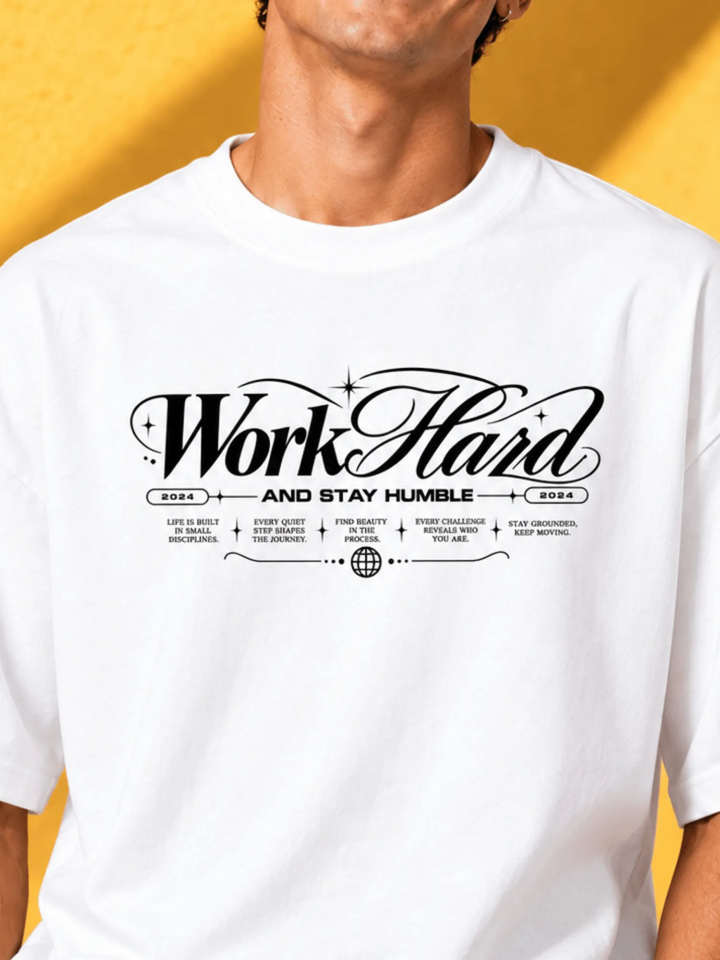 Excello Men's 'Work Hard' Motivational Typography Oversized T-Shirt |  White