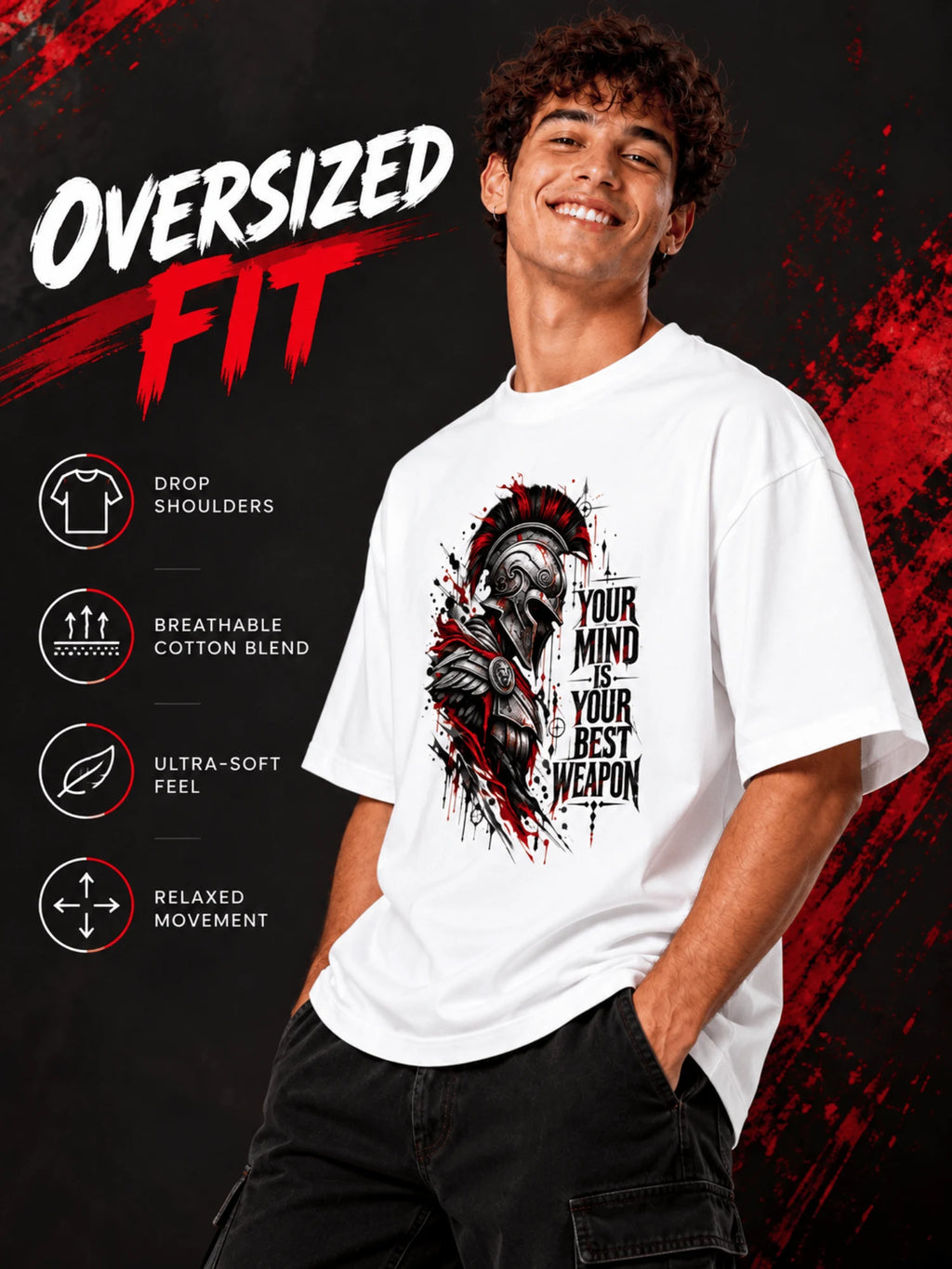 Excello Men's Spartan 'Your Mind Is Your Best Weapon' Graphic Oversized T-Shirt |  White