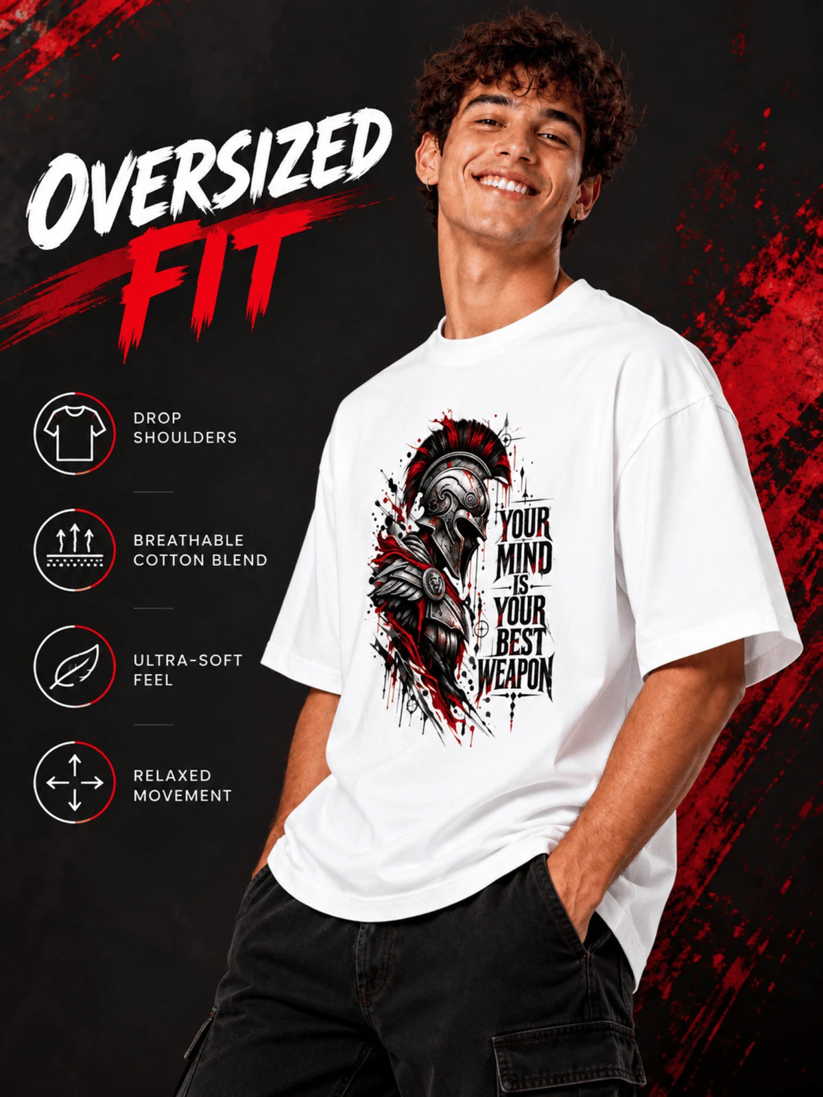 Excello Men's Spartan 'Your Mind Is Your Best Weapon' Graphic Oversized T-Shirt |  White