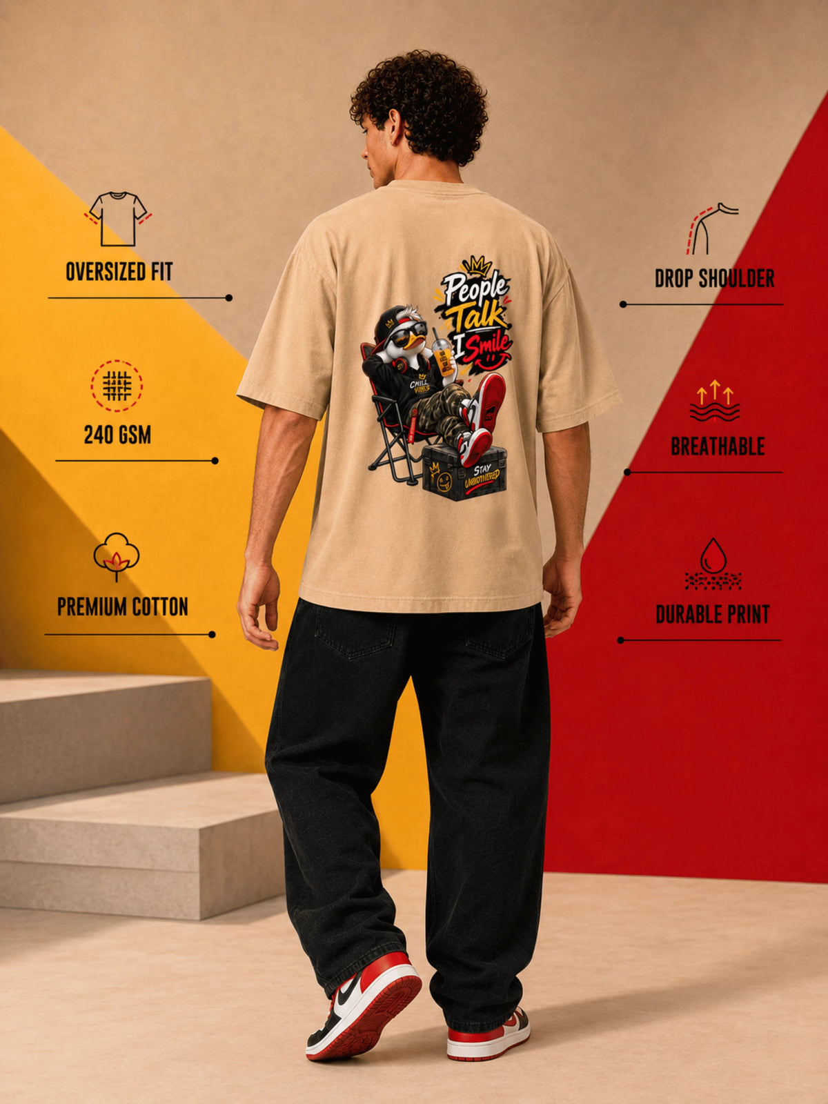 Excello Men's 'People Talk I Smile' Chill Duck Graphic Oversized T-Shirt | Beige