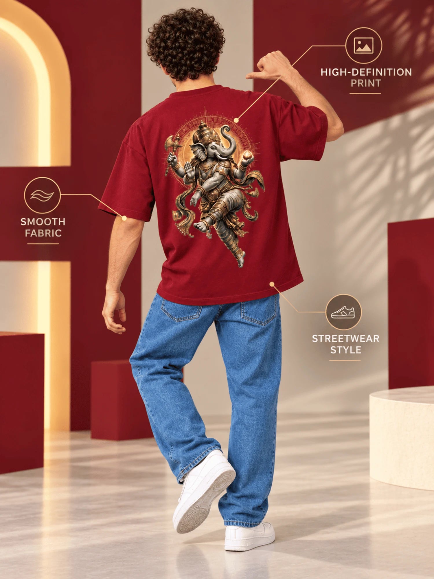 Excello Men's Dynamic Dancing Ganesha Graphic Oversized T-Shirt - 240 GSM Pure Cotton, Bio-Washed | Maroon