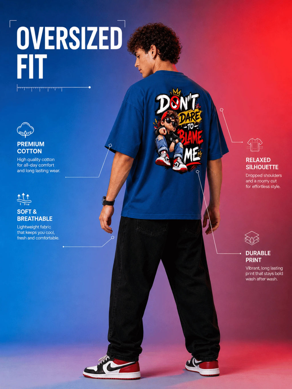 Excello Men's 'Don't Dare To Blame Me' Graphic Oversized T-Shirt | Air Force Blue