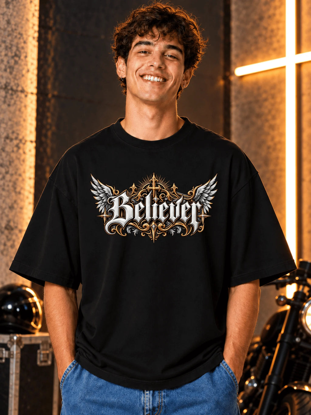 Excello Men's 'Believer' Cross & Wings Graphic Oversized T-Shirt | Black